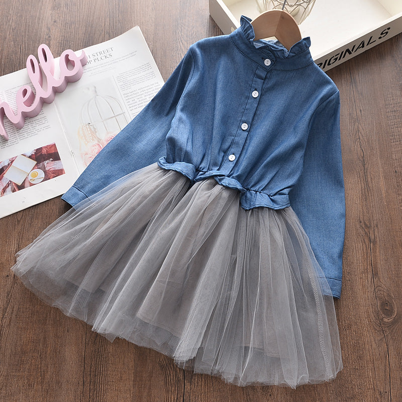 Girls princess dress denim top mesh skirt