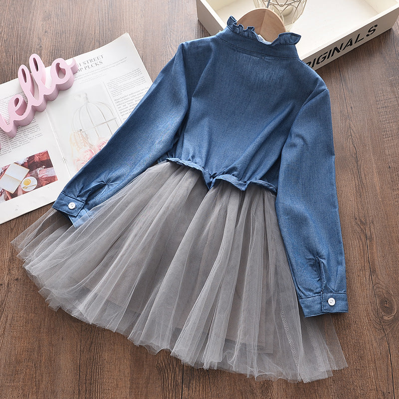 Girls princess dress denim top mesh skirt