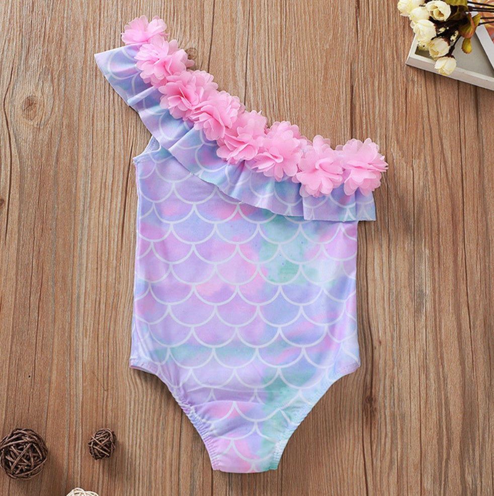 Toddler Girl Mermaid Swimsuit With A One-Shoulder Desighn