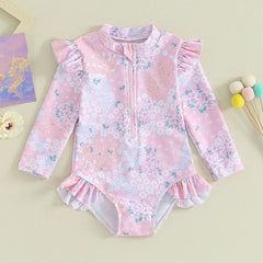 Toddler Girl Swimsuit Ruffle Floral Print Long Sleeves Zipper