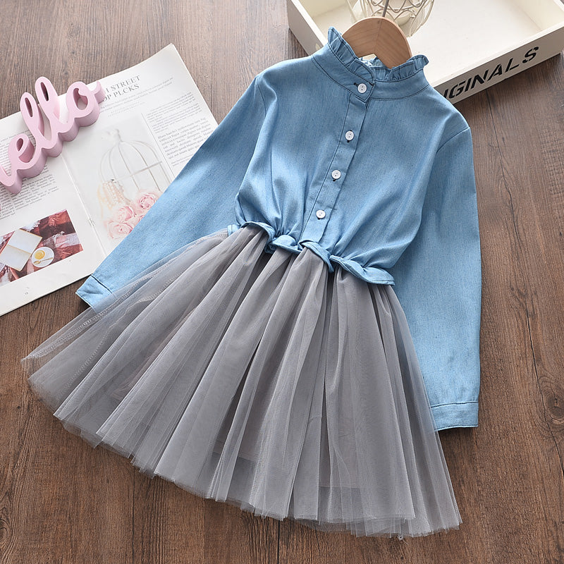 Girls princess dress denim top mesh skirt