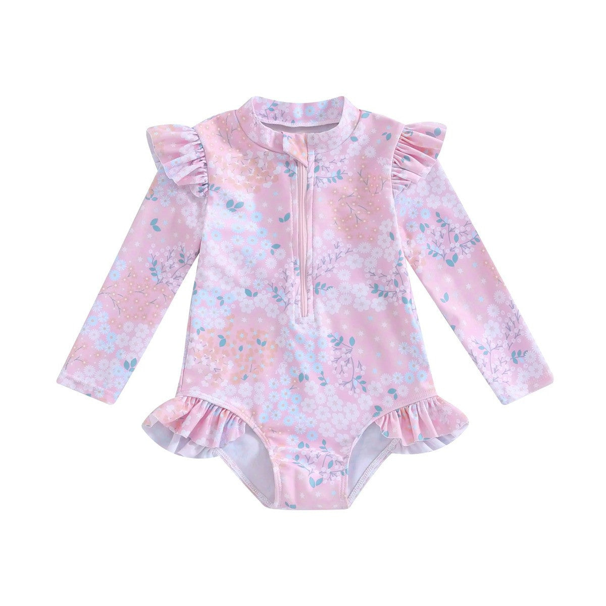 Toddler Girl Swimsuit Ruffle Floral Print Long Sleeves Zipper