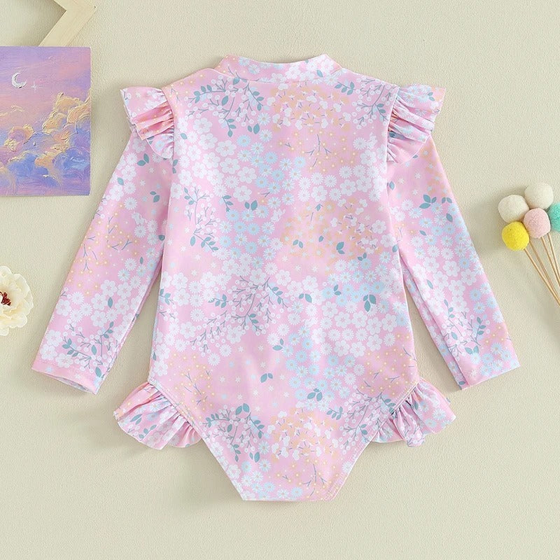 Toddler Girl Swimsuit Ruffle Floral Print Long Sleeves Zipper