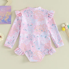 Toddler Girl Swimsuit Ruffle Floral Print Long Sleeves Zipper