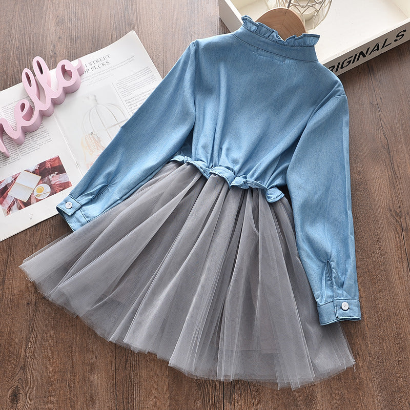 Girls princess dress denim top mesh skirt