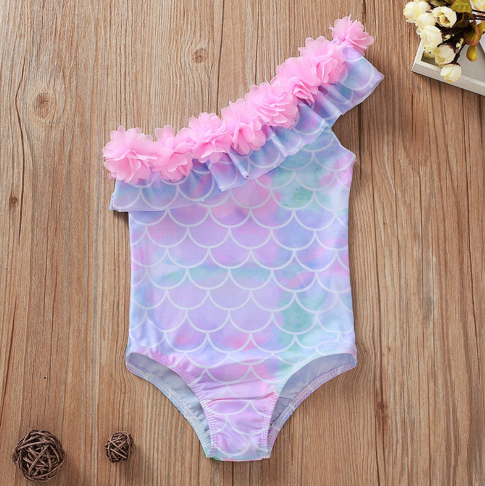 Toddler Girl Mermaid Swimsuit With A One-Shoulder Desighn